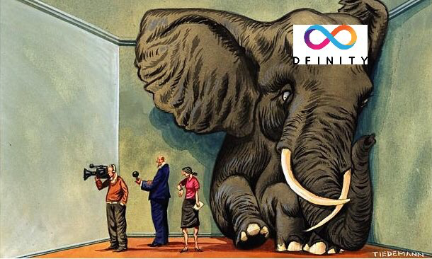 A satirical illustration by Tiedemann of reporters interviewing people inside a room that is nearly filled by a giant elephant, with a 'Deinity' infinity logo overlaid.