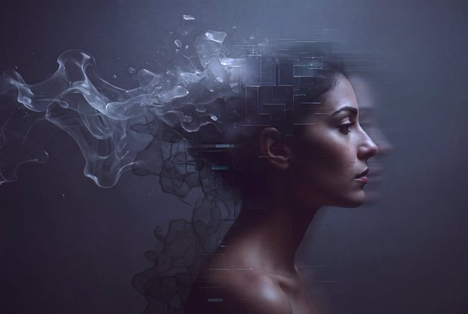 A woman's profile merges with swirling mist and fragmented digital data fragments that dissolve from her head, evoking how memory and identity leave traces even as they scatter. The image visually echoes the "Day 963 #JedenTag Traces" post by portraying the intangible residue of self—wisps of form and fractured data—that remain after a moment passes.