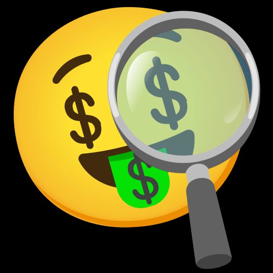 A 3D-rendered emoji-style illustration of a winking face with a dollar sign for an eye and tongue sticking out showing another dollar sign, being examined by a magnifying glass that enlarges the tongue.