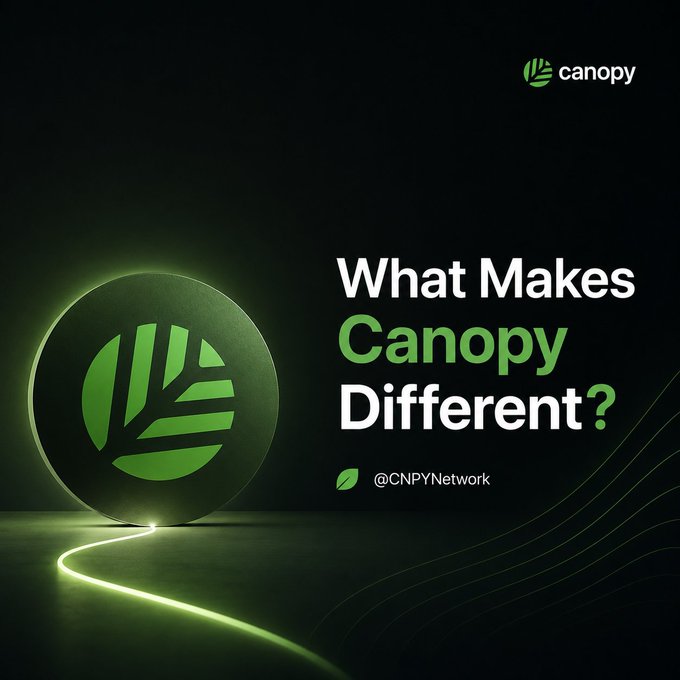 A promotional graphic for 'Canopy' cryptocurrency with the tagline 'What Makes Canopy Different?' featuring a green coin logo with a leaf design and the Twitter handle @CNPYNetwork.
