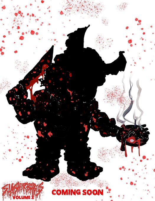 The image shows a dark, blood-splattered silhouette of a hulking, axe-wielding figure holding a smoking bowl with a single eye inside, set against a white background with red splatter effects, with "SLASHER BABIES VOLUME 2" and "COMING SOON" text at the bottom—visually capturing the ominous, horror-themed tease of the upcoming NFT drop featuring 13 rare physical card packs and one big card hit per pack.