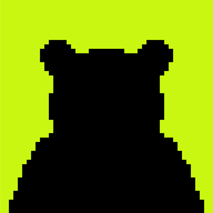 A pixelated black silhouette of a character with horn-like protrusions on a bright yellow-green background.