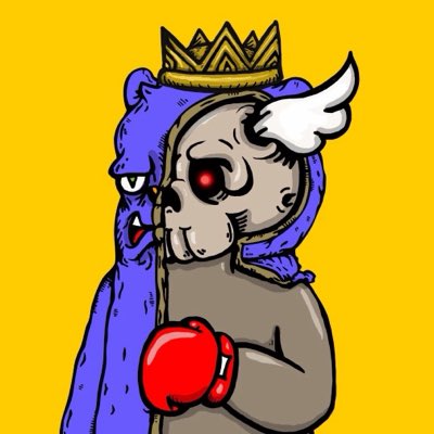 A cartoon illustration of a crowned figure with a skull-like face, white wings, red eyes, red boxing gloves, and a purple furry creature on their back against a yellow background.