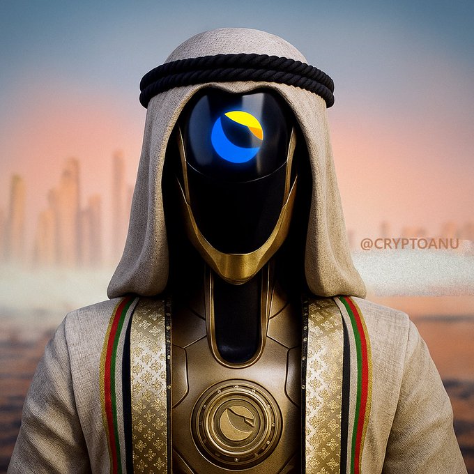 A futuristic figure in traditional Arab attire with a sleek golden robotic face and glowing visor stands against a desert skyline with a futuristic city in the distance, symbolizing the fusion of heritage and technology. The watermark "@CRYPTOANU" is visible, and the imagery reinforces the post's message of AI-driven transformation and the unstoppable rise of projects like $LUNC, $LUNA, and $USTC.