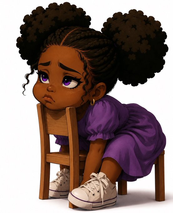 A young girl with voluminous double buns and a sad expression sits hunched over on a small wooden chair, wearing a purple dress and white sneakers. The dejected pose and the caption "𝗴𝗡 𝗴𝘂𝘆𝘀" together convey a melancholy "goodnight" sentiment, as if the child is too sad to head to bed.