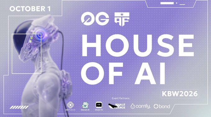Promotional graphic for the 'House of AI' event on October 1, featuring logos for 0G and the KBW2026 conference, along with event partners including Zama, Morpheus AI, and ComfyUI.