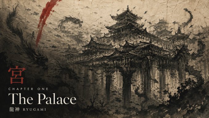 A textured, painterly artwork depicts a sprawling traditional East Asian palace structure with dragons in the sky, overlaid with the text 'CHAPTER ONE', 'The Palace', and '龍神 RYUGAMI'.