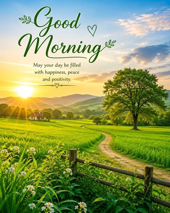 A lush green countryside scene with a large tree and sunrise, featuring 'Good Morning' text and 'May your day be filled with happiness, peace and positivity.'