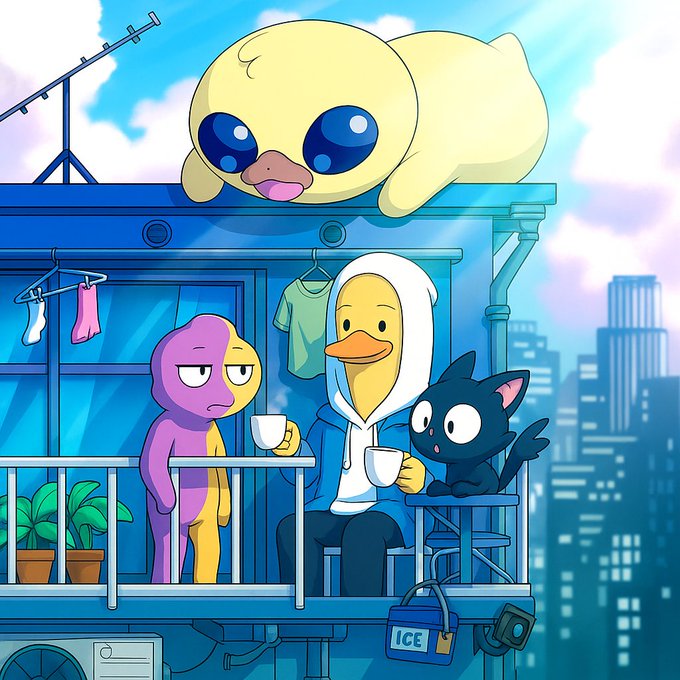 Colorful cartoon illustration of cute characters on a rooftop balcony enjoying coffee, including a purple figure, a duck in a hoodie, a black cat, and a large yellow creature on the roof above, with an 'ICE' cooler nearby.