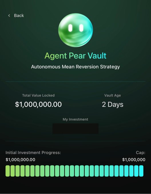 A mobile app screen showing 'Agent Pear Vault' described as an 'Autonomous Mean Reversion Strategy' with $1,000,000.00 Total Value Locked, a Vault Age of 2 Days, and a fully filled progress bar indicating the $1,000,000 cap has been reached.