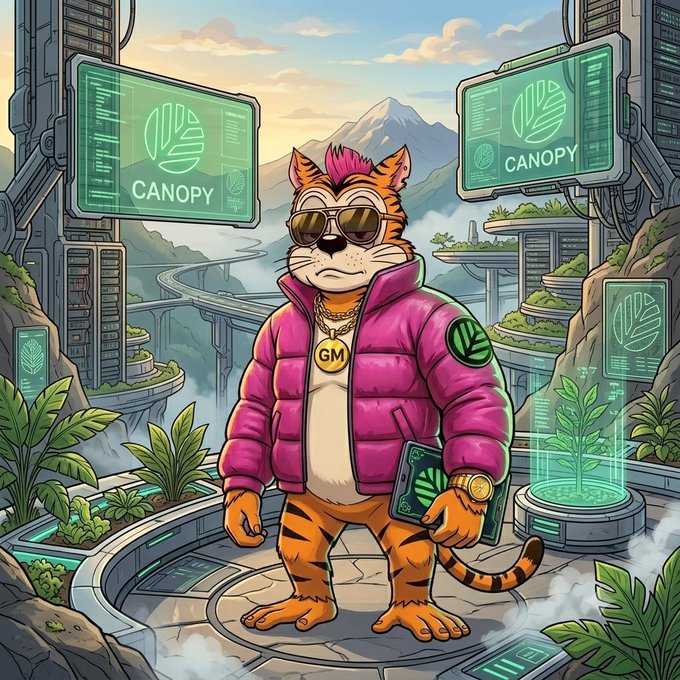 A cartoon tiger character wearing sunglasses and a pink puffer jacket with a "GM" gold chain, standing in a futuristic "CANOPY" themed cityscape.