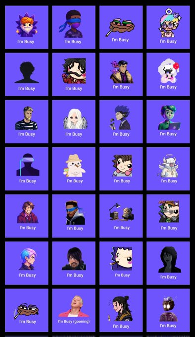 A purple grid of 28 user avatar tiles, each labeled 'I'm Busy' (with one reading 'I'm Busy (gpoing)'), featuring various anime, game, and real-person profile pictures.