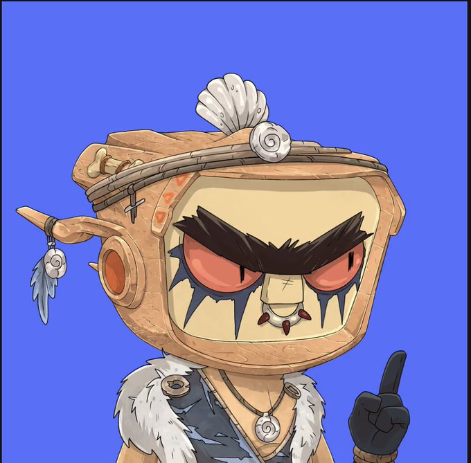 A cartoon-style illustration of a tribal character with a box-shaped wooden mask, angry red eyes, and feather adornments, giving the middle finger against a blue background.