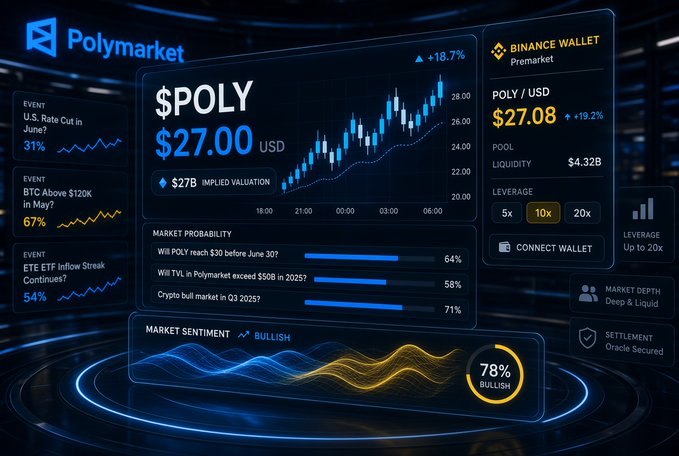 A dark-themed financial dashboard displaying Polymarket data, with $POLY priced at $27.00 USD, a 78% bullish market sentiment, and a Binance Wallet widget showing similar metrics.