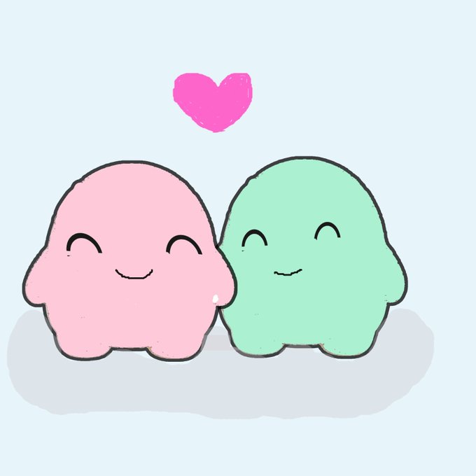 A cute digital illustration of two smiling blob-like characters, one pink and one green, with a small pink heart floating above them on a light blue background.