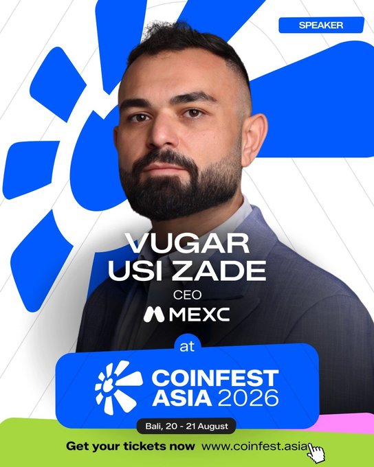 A promotional graphic announces Vugar Usi Zade, CEO of MEXC, as a speaker at Coinfest Asia 2026 taking place in Bali on August 20-21, with tickets available at coinfest.asia. The blue and white branded design features his portrait alongside the event logo, complementing the post's announcement of his participation in the conference's speaker lineup.