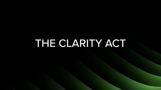 Bold white text reading "THE CLARITY ACT" is centered on a dark background with sweeping green light waves, visually emphasizing the central focus of the post about tomorrow's pivotal Senate procedural vote on the crypto policy bill.