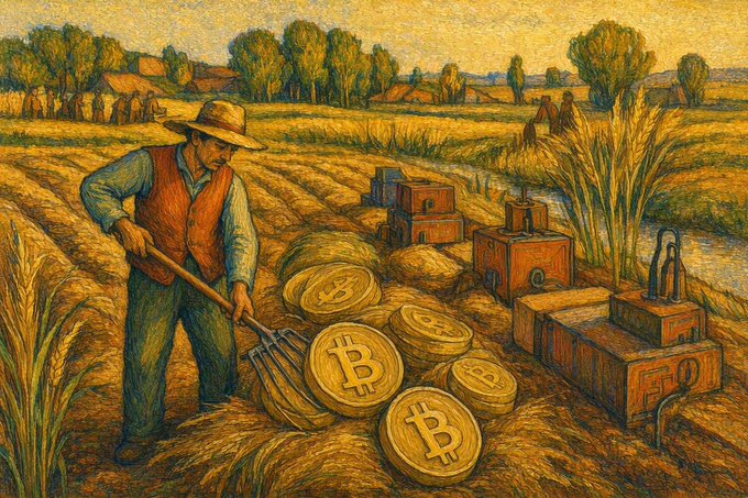 An oil painting in the style of Van Gogh shows a farmer in a straw hat harvesting a field, but instead of hay, the bales are large golden Bitcoin coins next to industrial equipment.