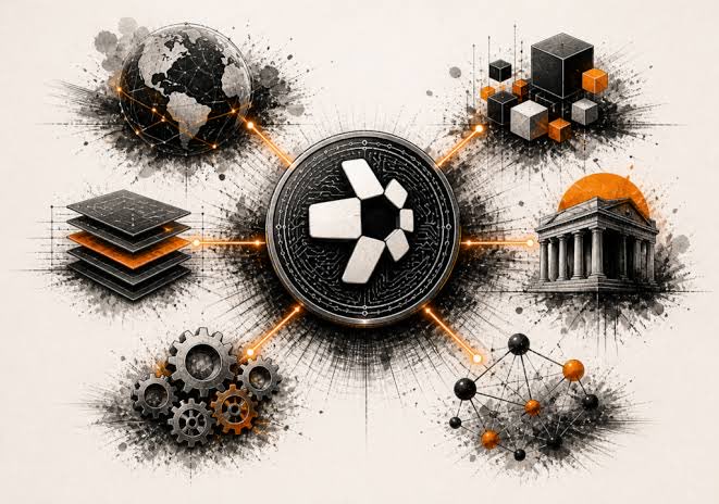 A digital illustration featuring a central coin-like emblem with a logo, surrounded by six connected elements: a globe, stacked panels, interlocking gears, a classical building, cubes, and a network of nodes, all rendered in a black, white, and orange ink-splatter style.