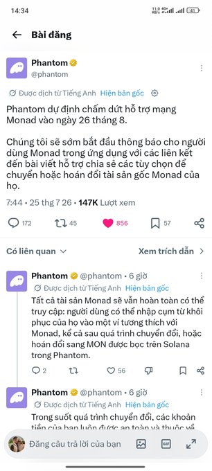 A Twitter/X thread from Phantom Wallet (@phantom) announcing plans to discontinue support for the Monad mainnet on August 26th, with 147K views and 856 likes. The Vietnamese-language post says users will need to migrate, transfer assets, or trade MON tokens on Solana before the deadline, aligning with the caption's note that Monad's withdrawal is approaching.