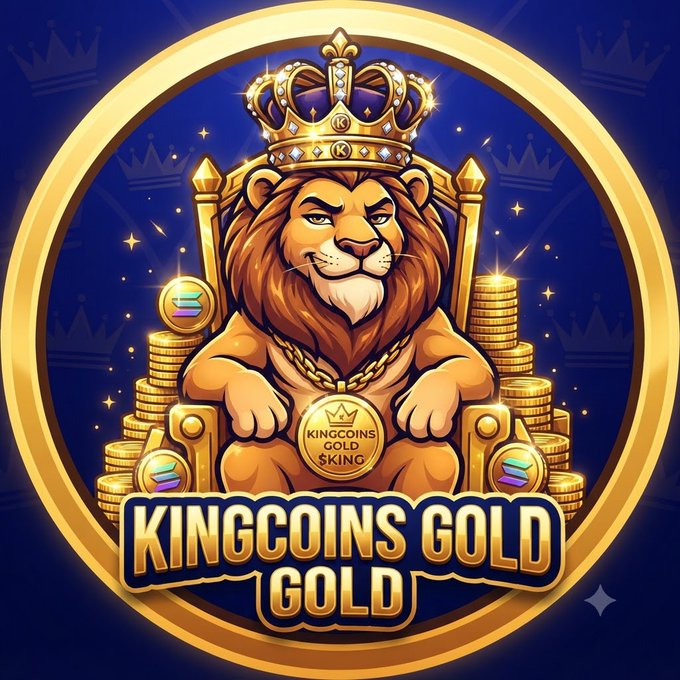 A golden logo design for 'KINGCOINS GOLD' featuring a crowned lion sitting on a throne surrounded by stacks of gold coins and Solana (SOL) tokens.