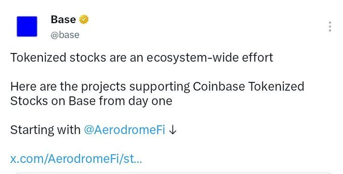 A Twitter/X post by @base announcing 'Tokenized stocks are an ecosystem-wide effort' and listing projects supporting Coinbase Tokenized Stocks on Base, starting with @AerodromeFi.