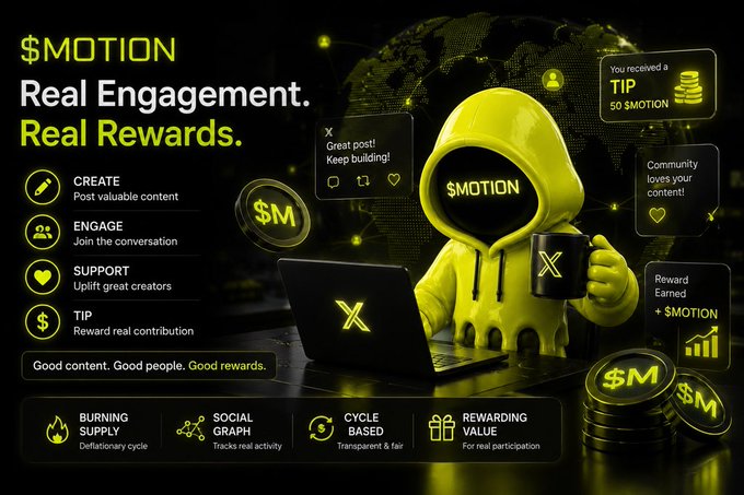 A digital illustration depicts the "$MOTION" platform, featuring a hooded figure in neon green working on a laptop alongside a "Community loves your content" notification, "You received a TIP 50 $MOTION" pop-up, and "Reward Earned + $MOTION" badge. The image visually reinforces the accompanying text by highlighting core platform features like "CREATE," "ENGAGE," "SUPPORT," and "TIP," demonstrating how $MOTION converts real social engagement—tracked via its "SOCIAL GRAPH" and "CYCLE BASED" system—into tangible token rewards.