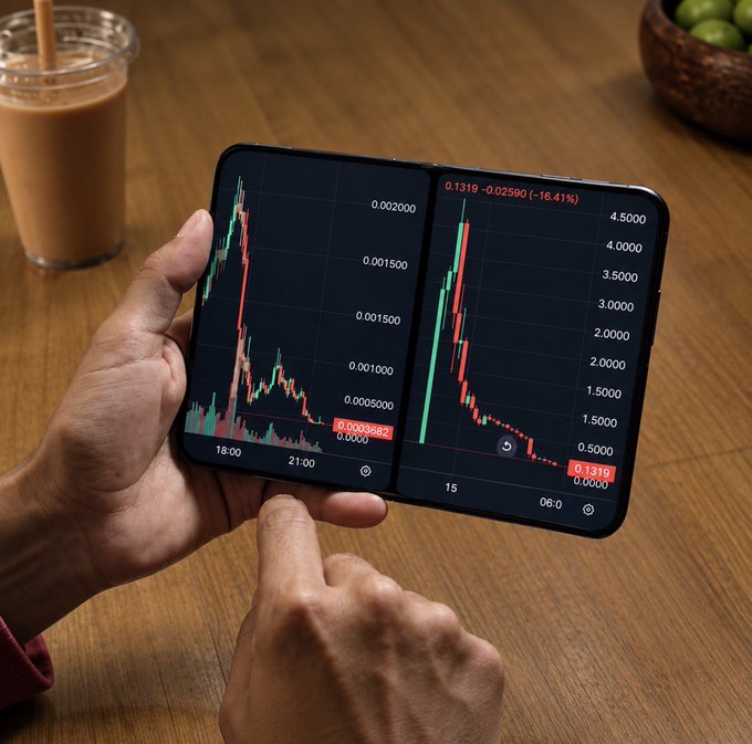 A person holds two iPhones side by side, each displaying a candlestick chart with sharp downward price action—the left chart shows a drop to 0.0003682, while the right chart shows a 16.41% decline to 0.1319 (-0.02590), humorously illustrating the pain of watching two crypto portfolios crash in unison.