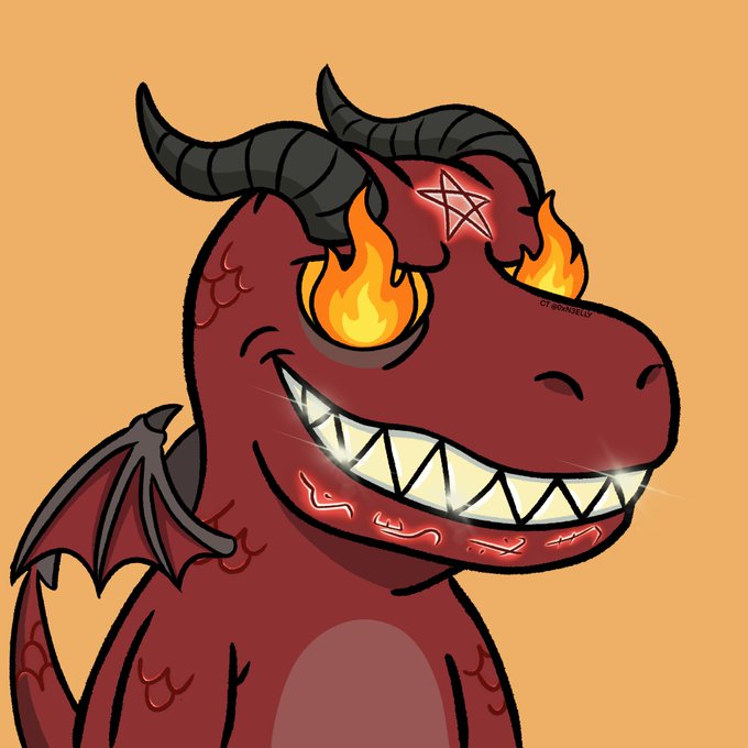 The image features a cartoon character of a red dragon with big horns and a large mouth open wide, displaying teeth that are showing off their sharpness. The character has a red body and wings, giving them a fiery appearance. The background color is orange, which contrasts with the red of the dragon's body and wings. There is also a small white star on top of the dragon's head.