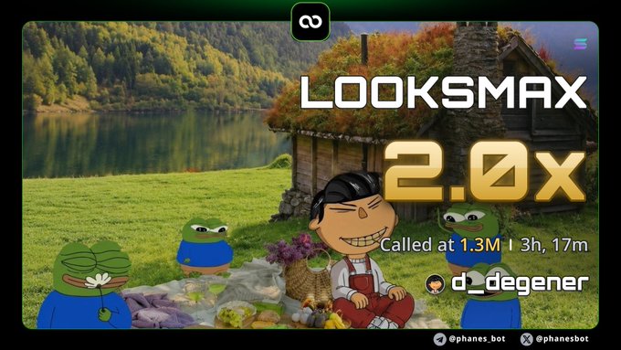 A digital stream overlay featuring a cartoon man in a meadow with frogs, advertising 'LOOKSMAT 2.0x' with the text 'Called at 1.3M | 3h, 17m' and a watermark for 'd_degener'.
