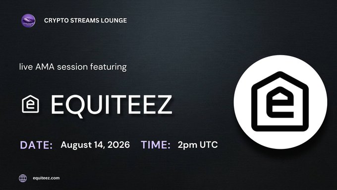 A promotional slide for a Crypto Streams Lounge live AMA session featuring EQUITEEZ, scheduled for August 14, 2026 at 2pm UTC.