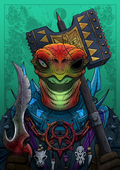 An illustration of a reptilian humanoid warrior wearing spiked armor and carrying a large battle axe and sword.