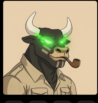 A stylized cartoon illustration of a black bull character with glowing green eyes and horns, wearing a beige jacket and smoking a brown pipe.