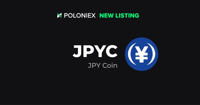 Poloniex announces a new listing of JPYC (JPY Coin), a Japanese yen-pegged cryptocurrency, with deposits opening September 23rd at 06:00 UTC and full trading beginning at 08:00 UTC, as shown by the prominent exchange branding and the blue yen-symbol logo accompanying the announcement.