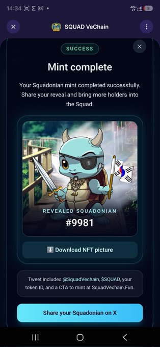 A mobile app screen showing a successful mint completion on SQUAD VeChain, revealing a cartoon blue Squadoonian character (#9981) holding a sword and flag.