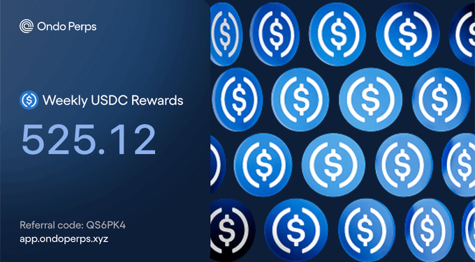 A promotional graphic for OndoPerps displays "Weekly USDC Rewards" of 525.12, along with a referral code "QS6PK4" and the website "app.ondoperps.xyz" against a backdrop of blue USDC coin icons. The image corresponds to the post celebrating the user's $525 weekly reward payout from OndoPerps, matching the figure highlighted in their testimonial about trading XAU and XAG perpetual pairs.