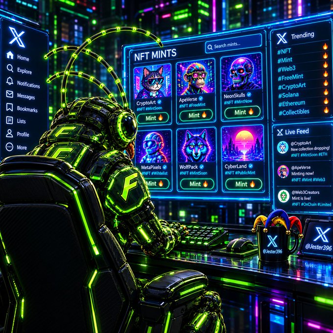 A futuristic robot or armored figure browsing an 'NFT MINTS' marketplace interface on a glowing screen, showing trending hashtags like #NFT, #Mint, #Web3, and #CryptoArt.