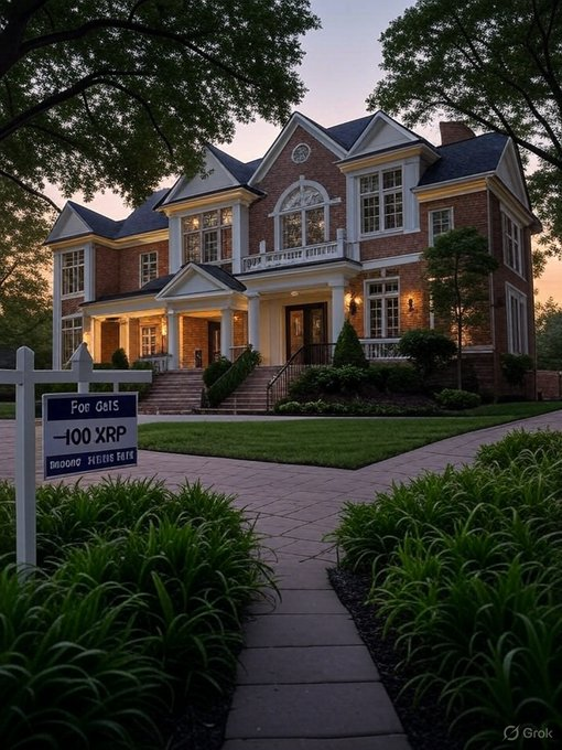 A large two-story brick house with white trim at dusk, with a real estate sign in the foreground that reads 'For Sale -100 XRP'.