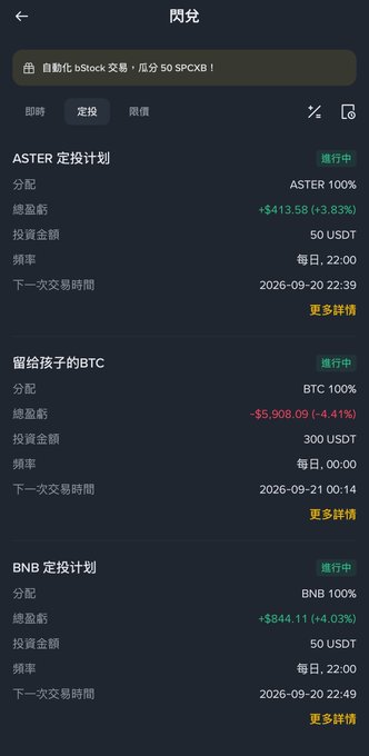 A mobile app interface in Chinese showing auto-invest (定投) plans for ASTER (+3.83%), BTC (-4.41%), and BNB (+4.03%), all currently active with 50 USDT investments.