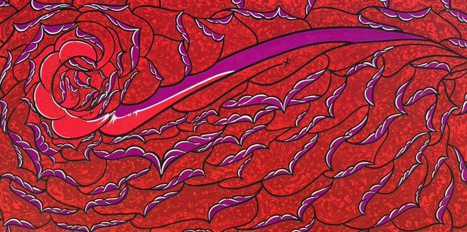 A detailed line art illustration in red, pink, and black depicting a rose with spiral petals and flowing, feather-like patterns.