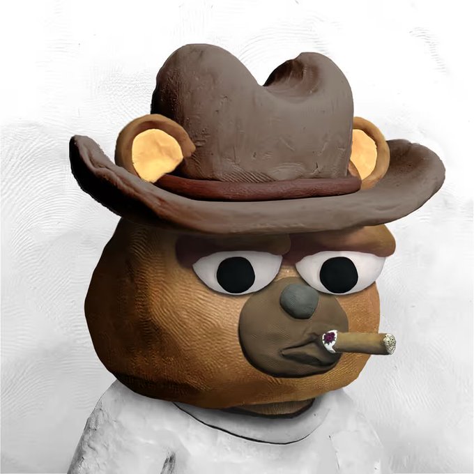 A 3D rendered claymation-style figure of a brown bear wearing a brown cowboy hat and smoking a cigar.