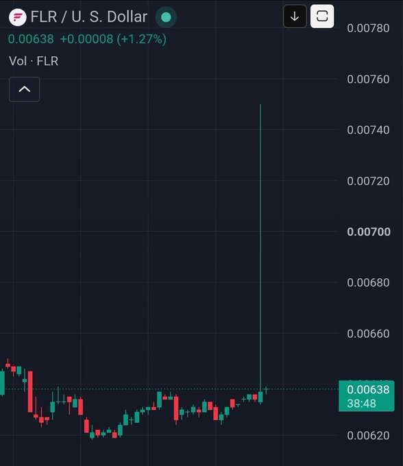 A financial candlestick chart for the FLR/U.S. Dollar trading pair, showing a current price of 0.00638 (+1.27%) with a prominent vertical price spike visible on the graph.