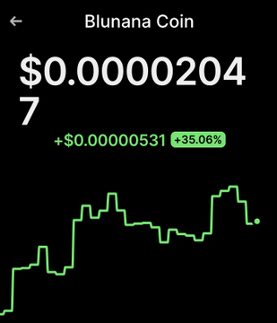 A mobile app screen shows 'Blunana Coin' priced at $0.000002047, up +$0.00000531 (+35.06%), with a green price chart.