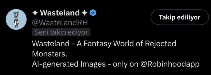 Twitter profile for ✦ Wasteland ✦ (@WastelandRH) describing 'Wasteland - A Fantasy World of Rejected Monsters. AI-generated Images - only on @Robinhoodapp'.