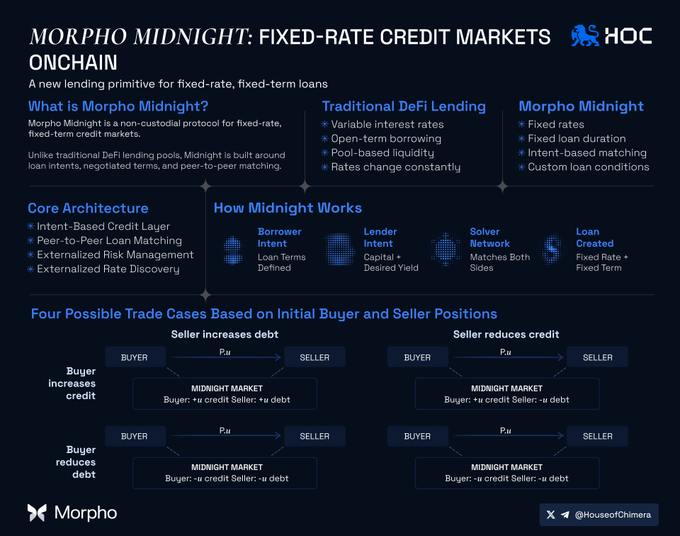 The image displays a visual representation of the concept behind the name "Morpho Midnight" - lending with fixed rate credit markets. It features an illustration of a blue flowchart showing the process through which lenders (seller) lend money to borrowers (buyer). The flowchart also outlines what each step is and the specific intents of both parties involved, which include interest rate flexibility for borrowers, traditional lending for lenders and potentially other forms of collateral, such as real estate. The image provides a clear overview of how this new type of lending framework works and can be beneficial to both sellers and buyers in the credit market.