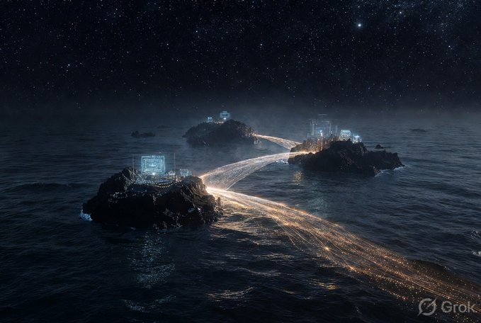 A nighttime fantasy scene shows small rocky islands with glowing futuristic structures connected by a sparkling bridge of light across dark waters, under a starry sky. A 'Grok' watermark is visible in the corner.