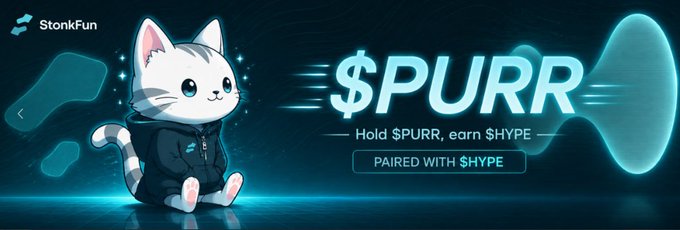 A promotional banner featuring a cartoon white cat in a hoodie alongside the text "$PURR — Hold $PURR, earn $HYPE — PAIRED WITH $HYPE" against a dark teal background with soundwave graphics, branded by StonkFun to advertise the $PURR/$HYPE token pairing.