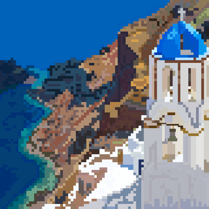 A pixel-art illustration depicts a Greek island landscape with a cliffside, turquoise water, and a domed white chapel with blue roof. The post shares this as "Pixel Landscapes: Greek Islands" by LJP, connecting the artwork's stylized depiction to an uplifting Wednesday message about being islands in life's stream.