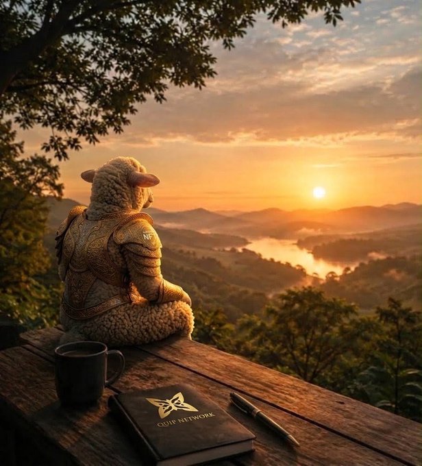 A whimsical scene of a sheep wearing ornate armor sitting at a wooden desk overlooking a misty sunset valley, with a book labeled 'QUIP NETWORK' and a coffee mug nearby.