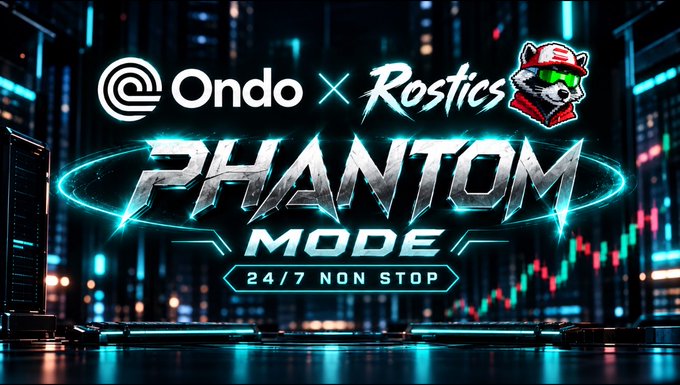 A digital promotional banner displays the logos 'Ondo' and 'Rostics' above the metallic text 'PHANTOM MODE' and '24/7 NON STOP', set against a cyberpunk cityscape with a stock chart and a wolf mascot.